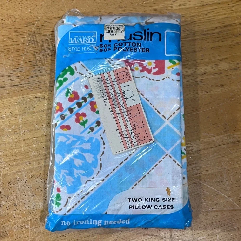 Vtg Montgomery Ward Style House King Pillowcases Set 2 Blue Floral Muslin NEW